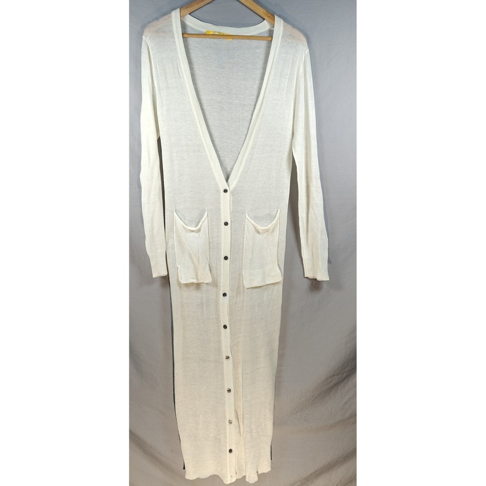 COIN cotton Innovation Beige Long Line‎ Pearl Button Front Cardigan Duster Sheer
